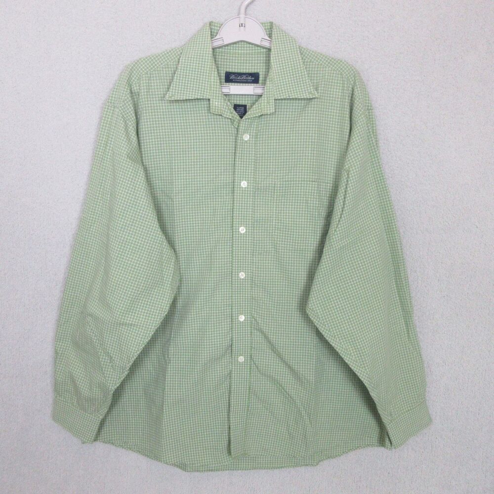 Brooks‎ Brothers Dress Shirt Mens XL Green Check Long Sleeve Non-Iron Cotton